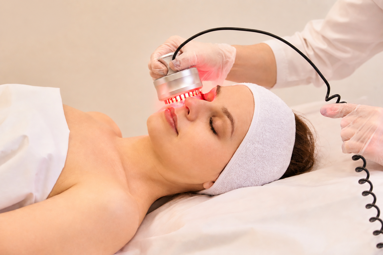 Radiant woman experiencing a luxury collagen boosting skin tightening facial in Sarasota